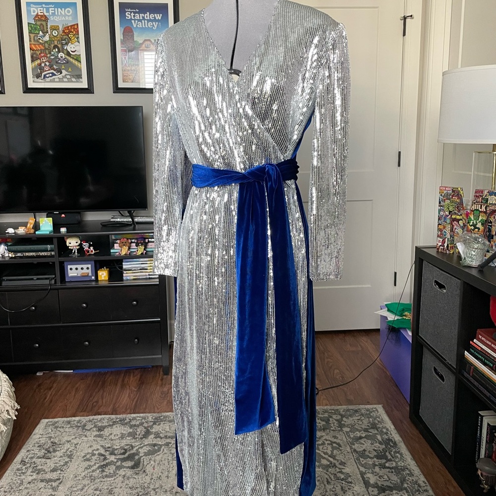 ATTICO Silver Sequin & Blue Velvet Wrap Dress